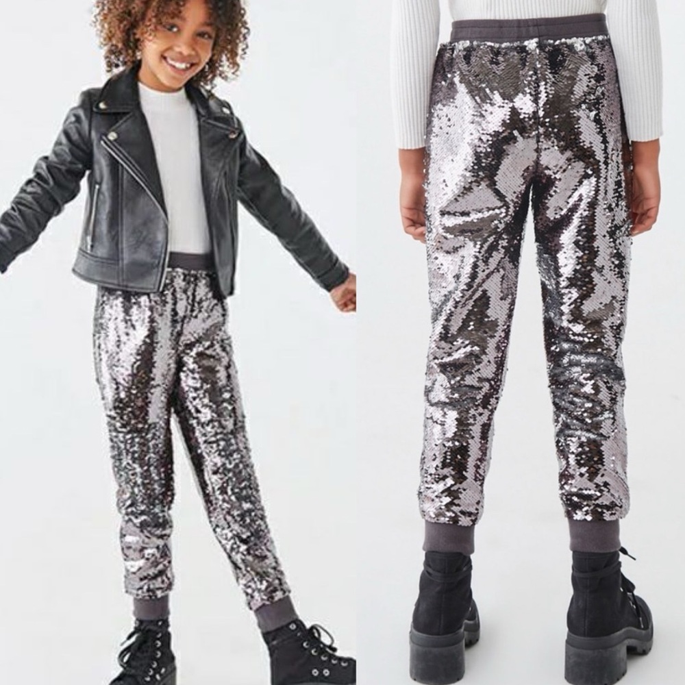 Forever 21 Girl’s Sequin Jogger Swear Pants Gunmetal Silver Size 13/14 NEW
